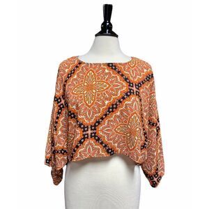 Blush Orange Multi Wide Sleeve Crop Blouse Size Small
